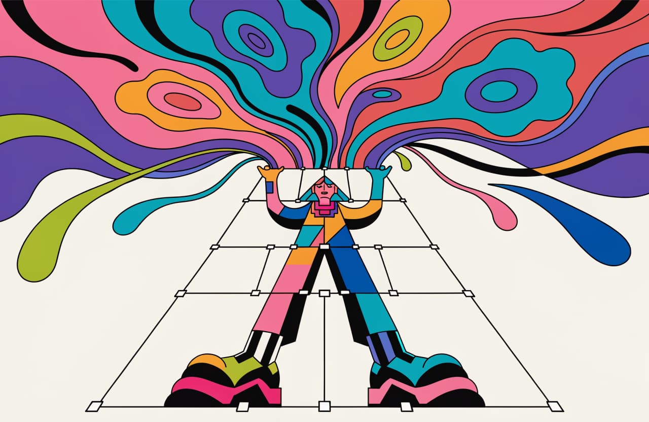 Colorful editorial illustration of a figure pushing against a ceiling of website template grids, with vibrant organic shapes exploding above representing creative freedom