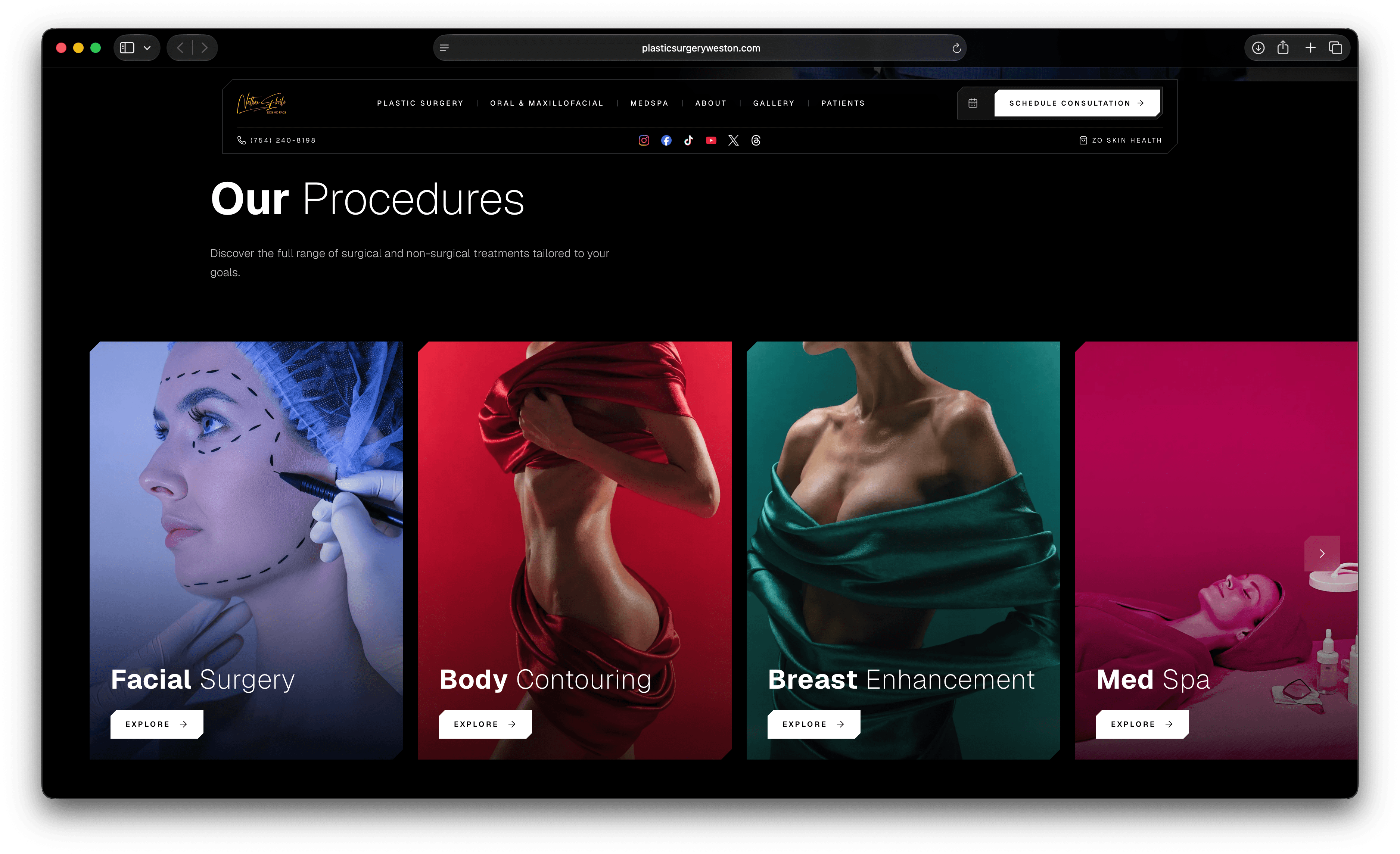 Weston Center for Plastic Surgery procedures overview with color-graded cards for facial surgery, body contouring, and breast enhancement